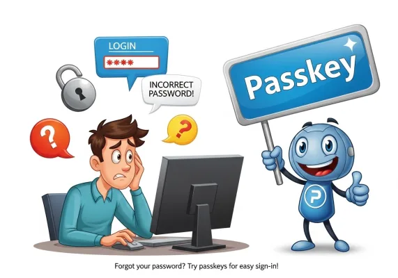 Frustrated user facing login failure due to incorrect password, while a smiling robot mascot promotes passkeys as an easier, secure sign-in method.